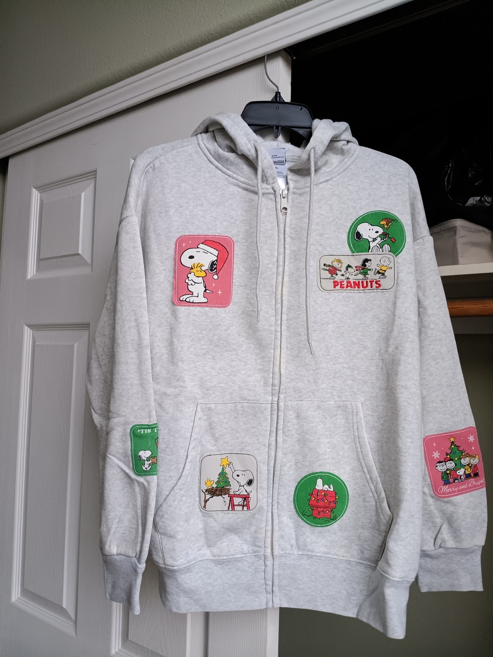 Peanuts Light Gray Hoodie with Festive Character Patches